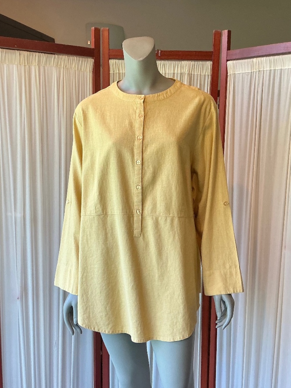 Vintage Silhouettes Women’s Tunic Shirt Yellow Roll Tab Sleeves Linen 1X